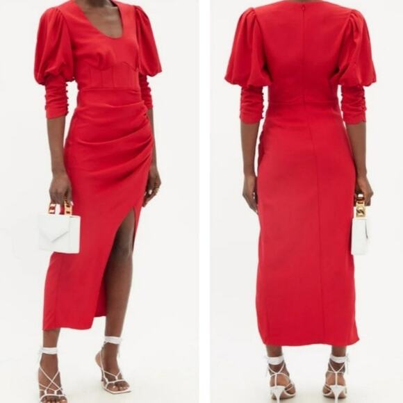 Self Portrait red puff sleeve stretch crepe midi dress bodice slit - Picture 1 of 12